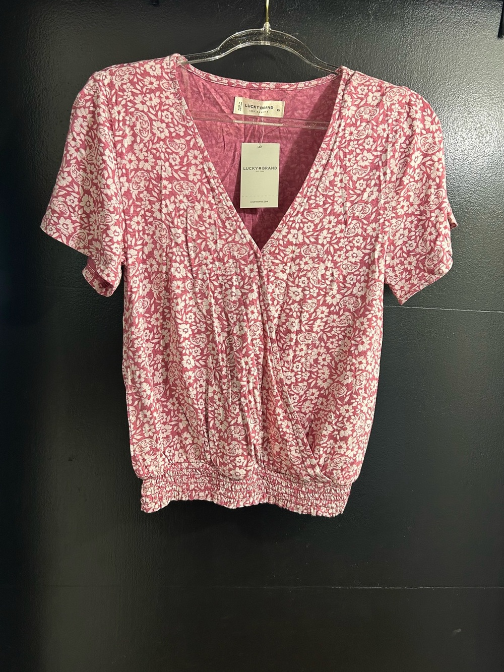 Lucky Brand Rose Pink Floral Wrap-Style Short Sleeve Top